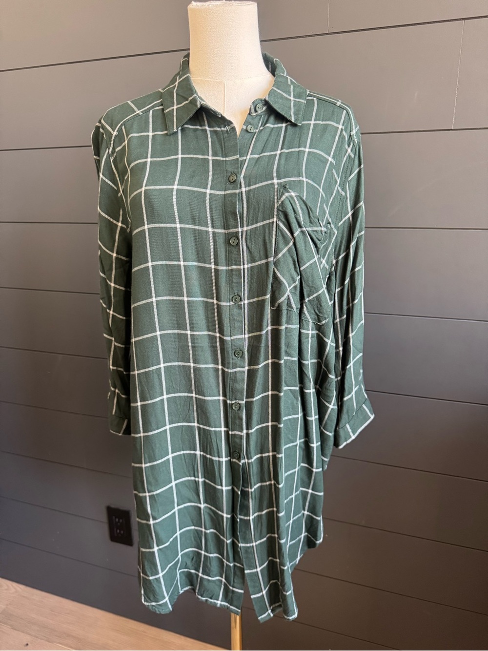 VIXBE Green Windowpane Button-Up Front Tie Shirt Front Pocket Roll Up Sleeves